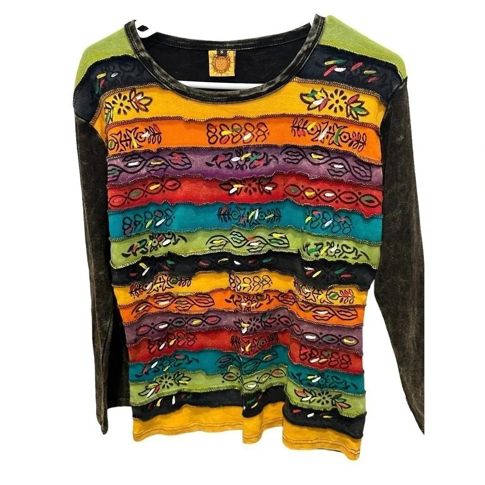 Karma Circle Women's Multicolor Long Sleeve Cutwork Hippie Top Size Small